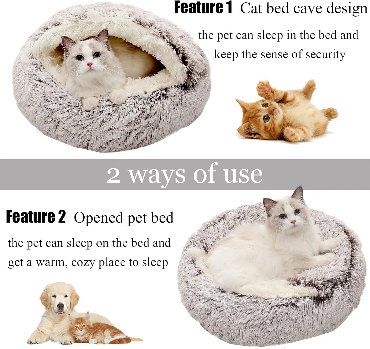 Ultra-Soft Calming Pet Bed – Cozy Hooded Igloo Cave for  Cats, Kittens & Small Dogs
