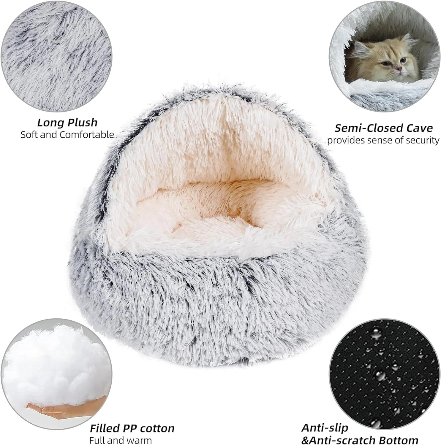 Ultra-Soft Calming Pet Bed – Cozy Hooded Igloo Cave for  Cats, Kittens & Small Dogs